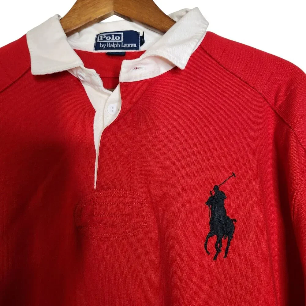 Vintage Polo Ralph Lauren Mens Red Rugby Long Sleeve Shirt Big Pony Size L